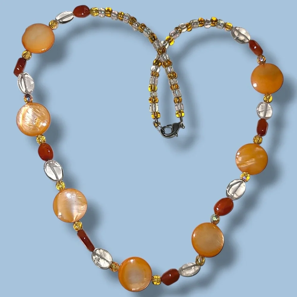 Vintage Orange & White Mother Of Pearl & Glass Beaded Necklace 17